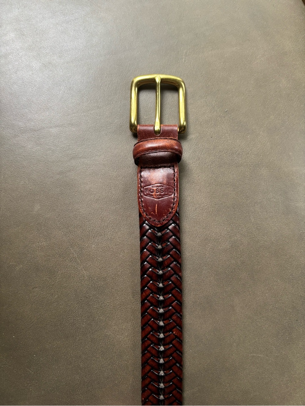 Fossil Men's Braided Leather Belt in Dark Burgundy Rich Brown with Brass Buckle